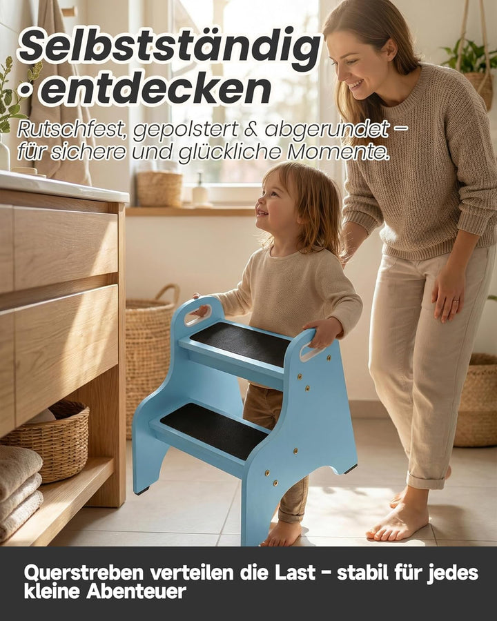 Tritthocker Kinder aus Holz – extra stabil & rutschfest, Anti-Rutsch Stufen, sichere Rundkanten, Fes