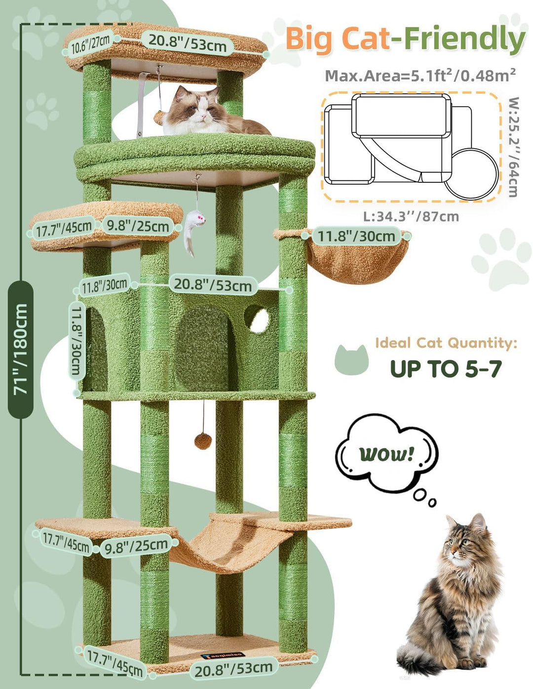 Taoqimiao 180CM Kratzbaum Gross XXL, Katzenbaum Grosse Katzen Stabil kratzbaum Maine Coon mit Katzen