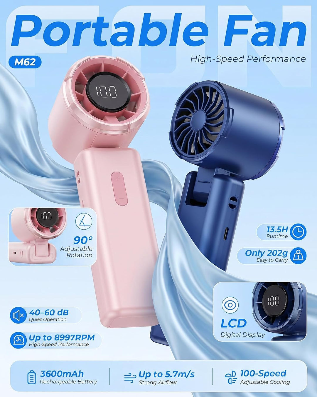 TUNISE 100-Stufen-Mini-Turboventilator Wiederaufladbarer Handventilator,4000-mAh-Akku bis zu 18 Std.