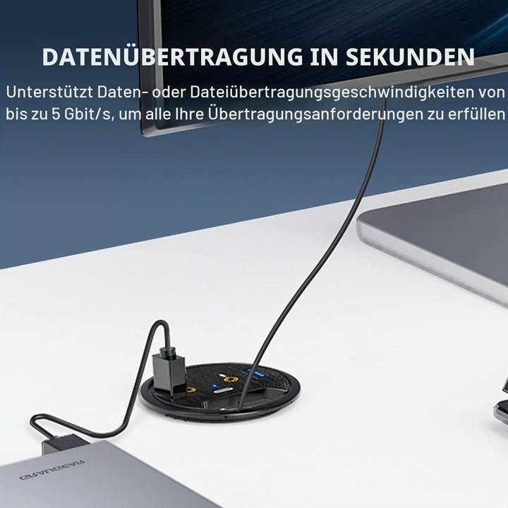GRAUGEAR Tisch USB HUB mit 1x USB-C und 2X USB-A Anschlüssen, Tisch HUB mit 60mm Durchmesser, USB 3.