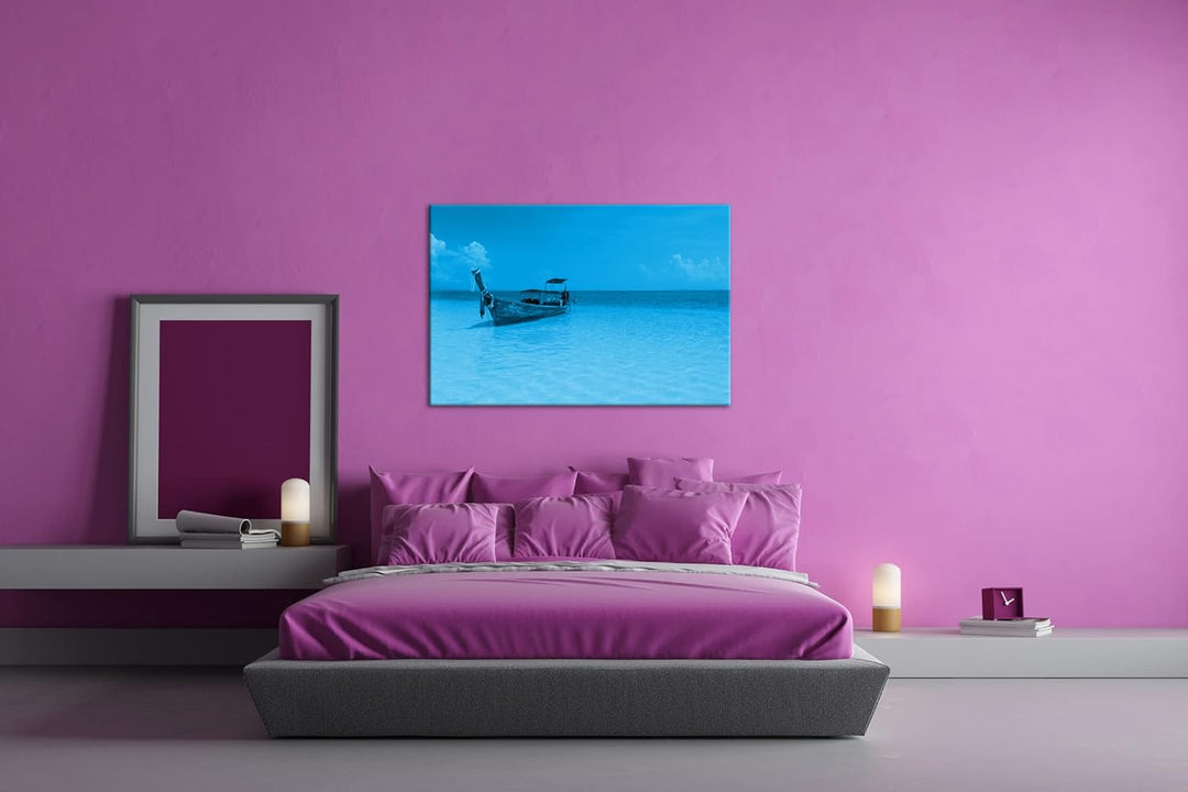 deyoli Boot am Meer Format 80x60 Effekt: Monocrome Blau als Leinwandbild, Motiv fertig gerahmt auf E