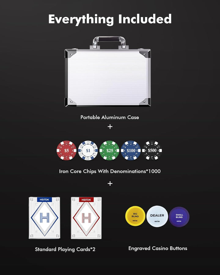 HEITOK Profi Pokerkoffer 1000 Chips Set 11,5g | Metallkern Chips im abschliessbaren Alu Koffer | Ink