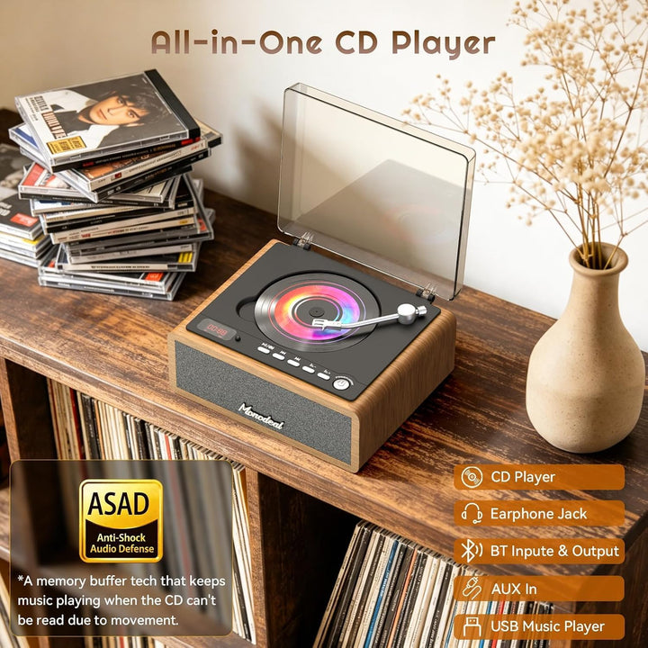 MONODEAl Retro CD Player Bluetooth mit Holz Case, HiFi Bass Boost | Wiederaufladbar Discman mit Fern