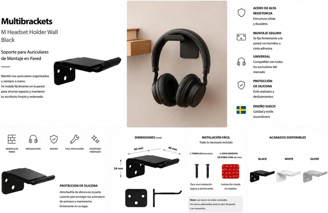 RO&amp;CO - MULTIBRACKETS - Wandhalterung für Kopfhörer C / Schwarz