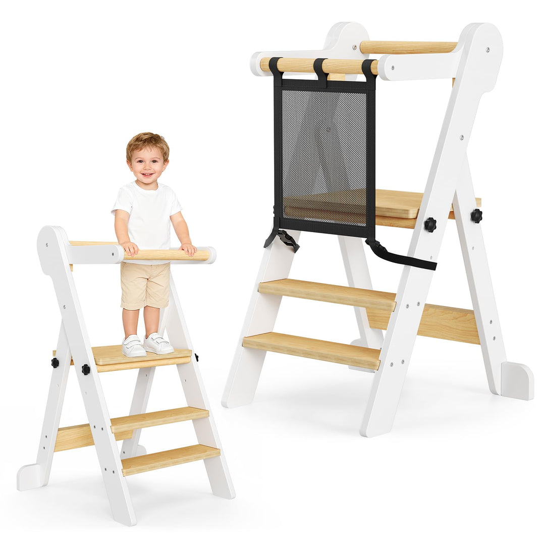 Kinder Lernturm klappbar Tower Mit Netzbeutel,Faltbarer Montessori Lernturm, 2-stufiger Höhenverstel