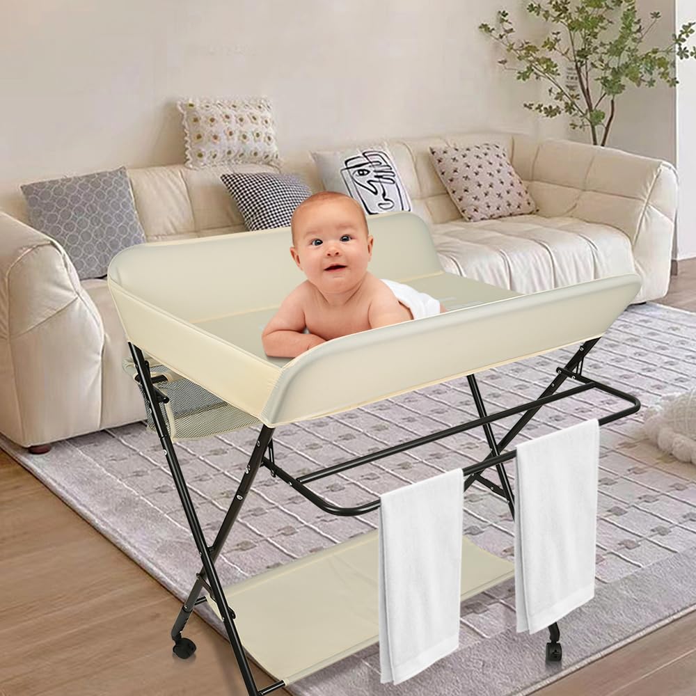 Baby Wickelkombi,klappbare Wickelkommode, mobiler Wickeltisch mit Wickelauflage, Giraffen-Muster, Ge