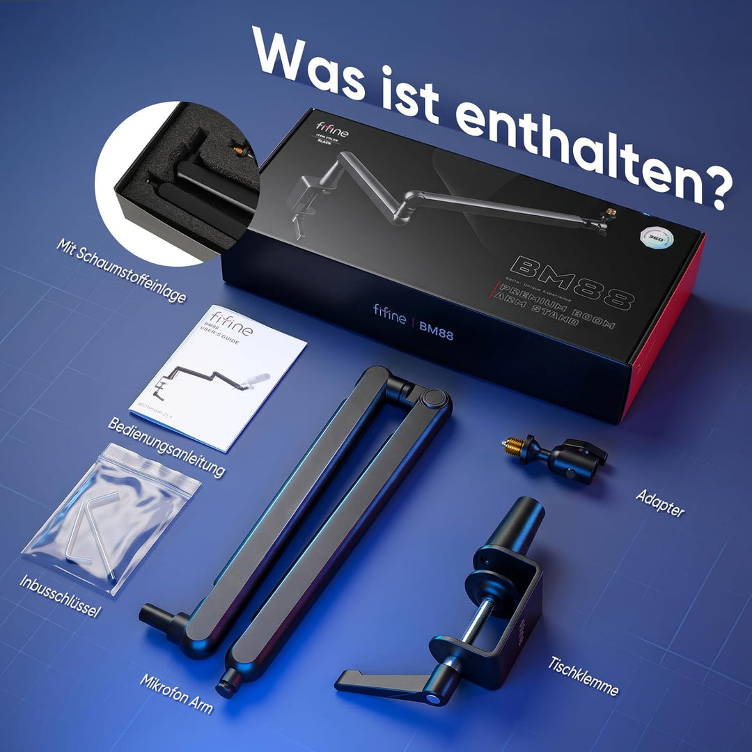 FIFINE Mikrofon Arm, flach einstellbarer Stangen Mikrofon Ständer mit Mikrofonclip, Schraubenadapter