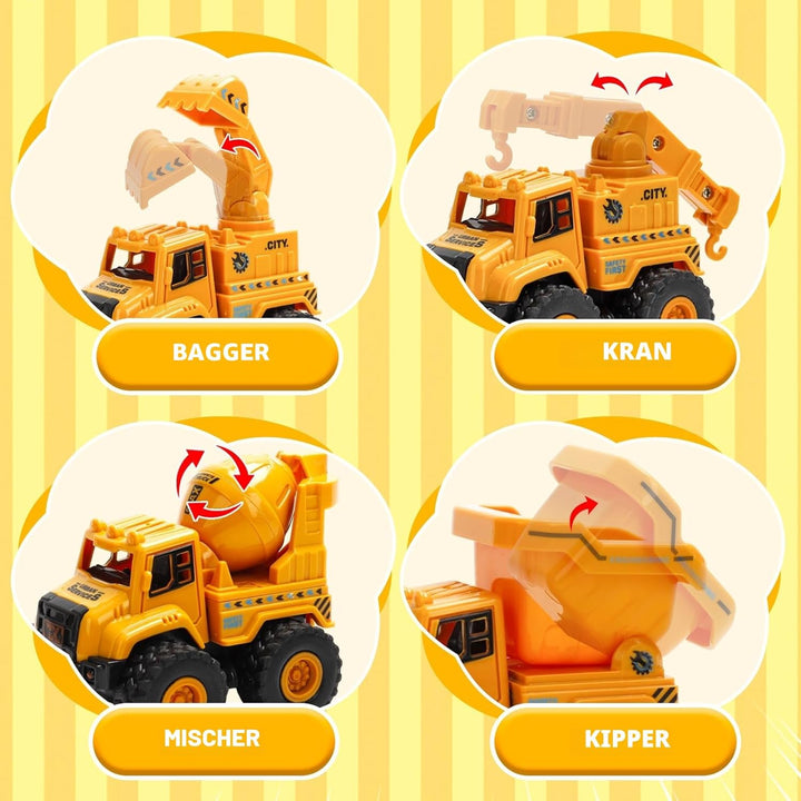 Baufahrzeug Spielzeug ab 1 2 Jahre Jungen & Mädchen – 4 STK. Push-and-Go Auto Set mit Bagger, LKW Ki