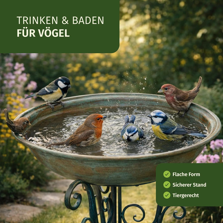 Moritz Vogeltränke XL Vogelbad weiss mit kleinem Vogel auf der Wasserschale Höhe 72cm stehend Vogelb