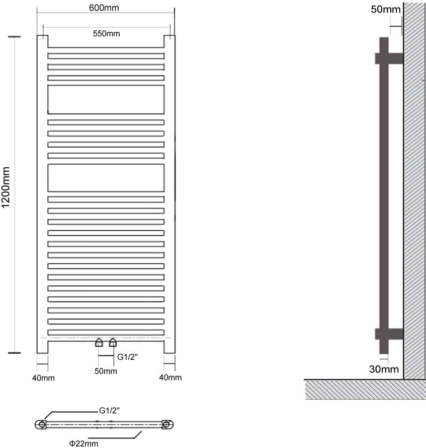 600 x 1200 mm Anthrazit mittelanschluss Badheizkörper handtuchhalter Heizkörper Handtuchwärmer Handt