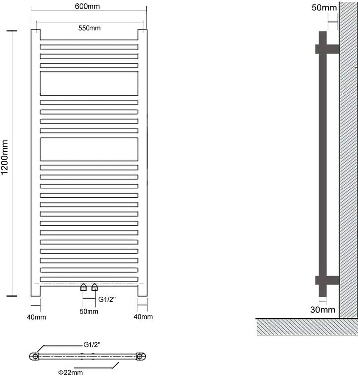 600 x 1200 mm Anthrazit mittelanschluss Badheizkörper handtuchhalter Heizkörper Handtuchwärmer Handt