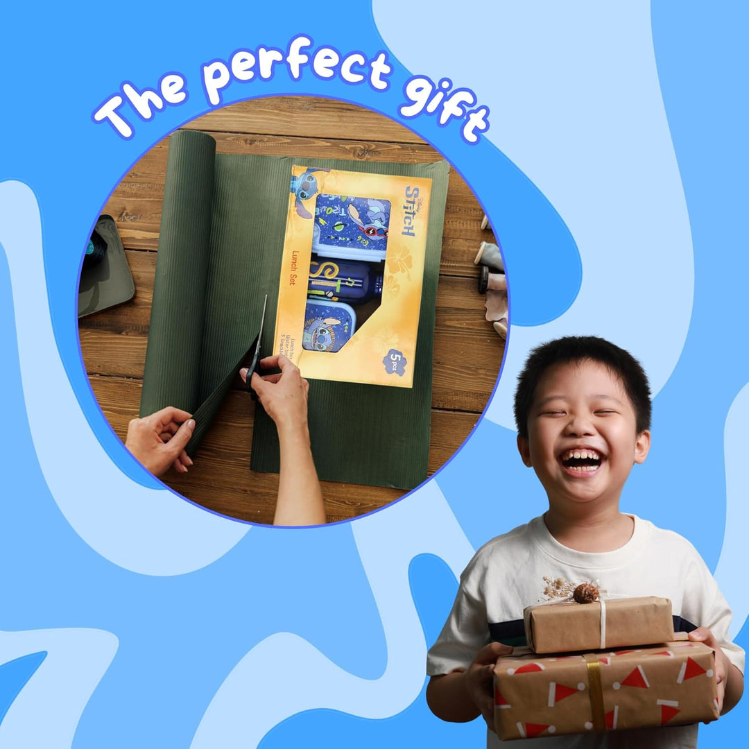 Stitch Lunchset für Kinder – 5-teilig mit Brotdose, 3 Snackboxen & Trinkflasche – Blaues Set für Jun