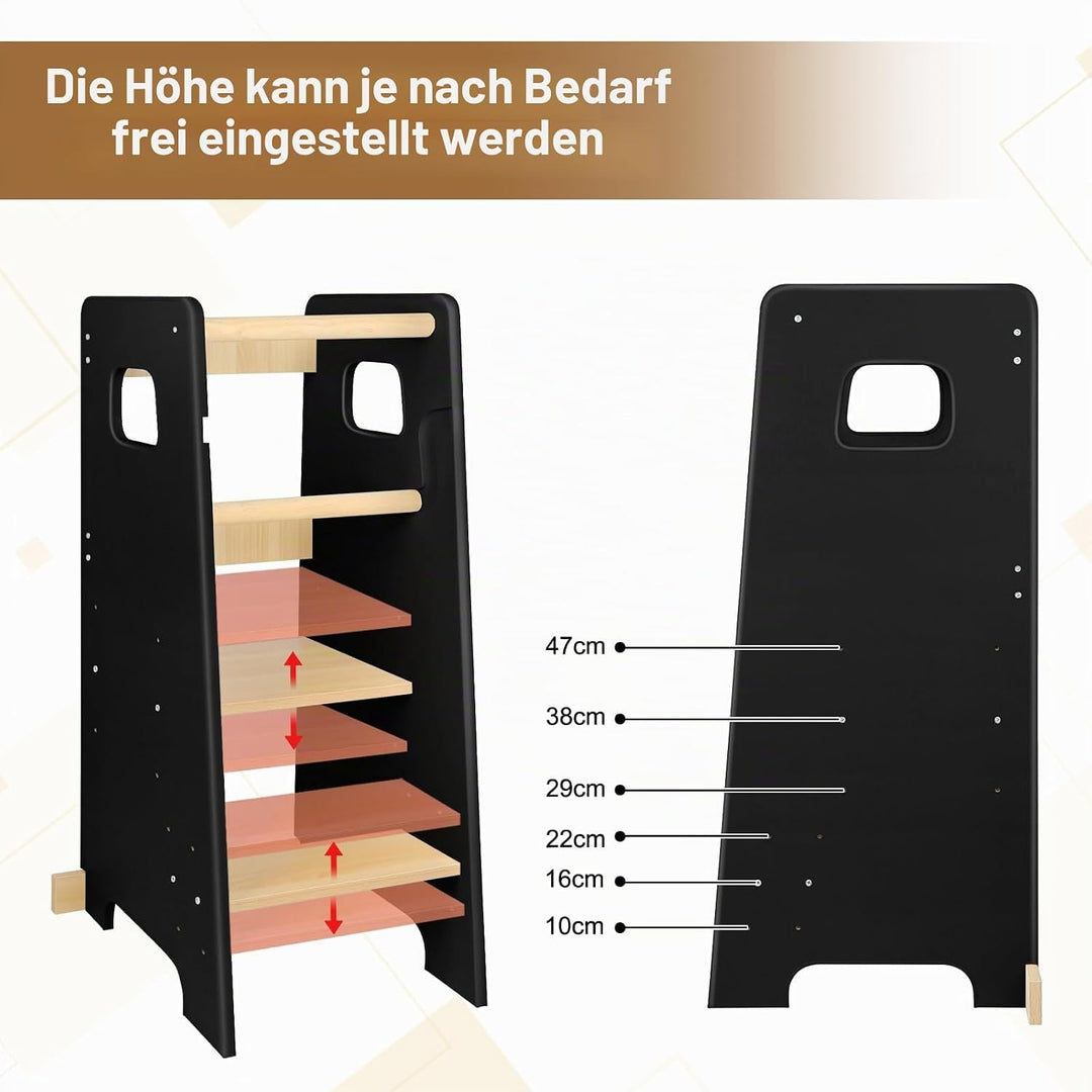 Montessori Lernturm aus Holz – Lernturm für Kinder – Rutschhemmende Füsse Montessori-Methode (Schwar