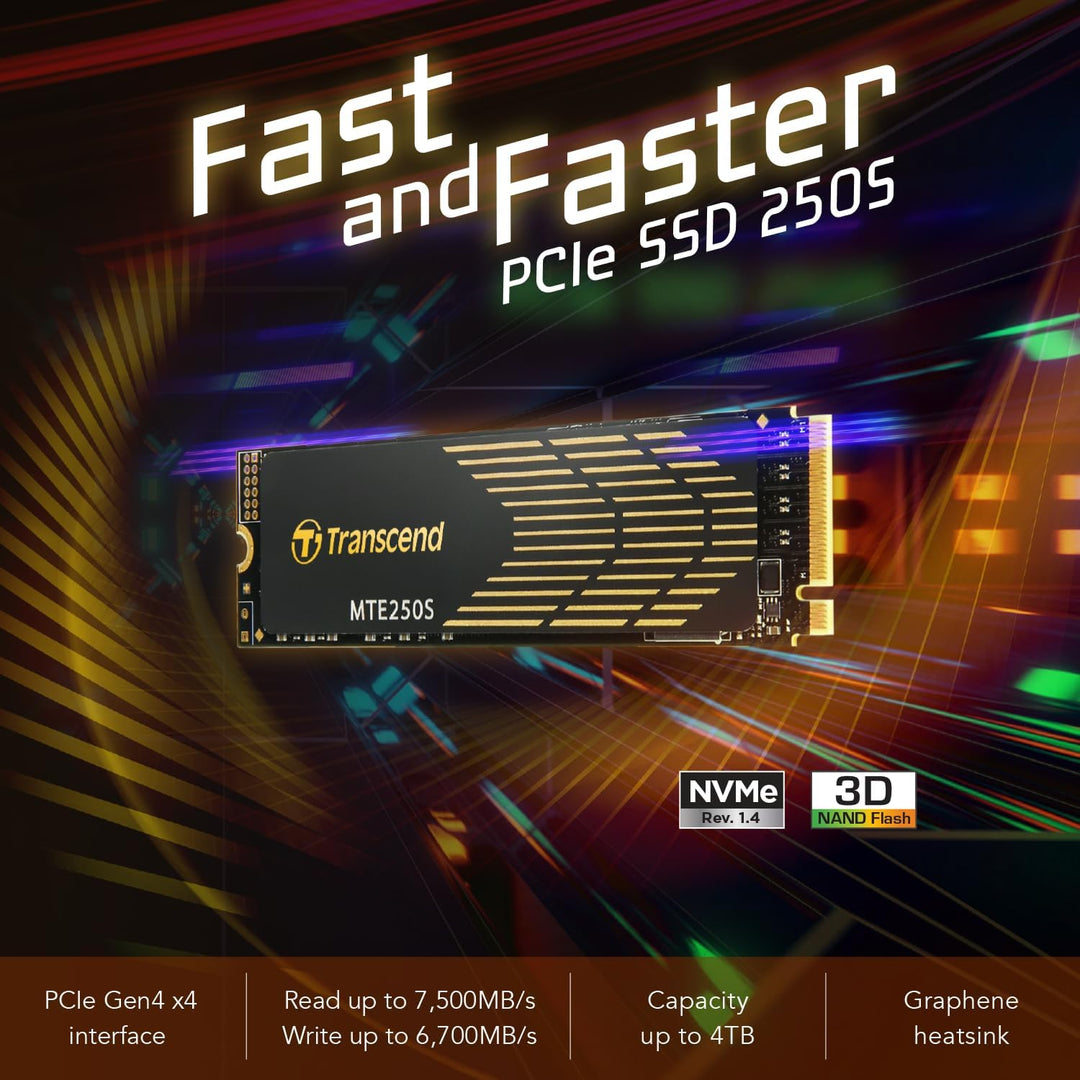 Transcend 4TB M.2 2280 PCIe Gen4x4 NVMe SSD - TS4TMTE250S 4T 22mm x 80mm x 3.77 mm, 4T 22mm x 80mm x