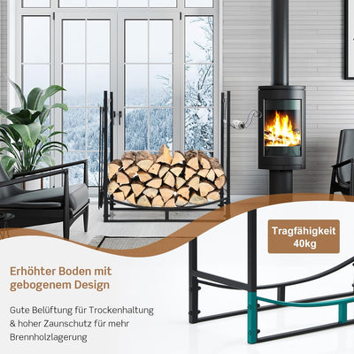 COSTWAY Kaminholzregal mit 4 tlg. Kaminbesteck Set, Brennholzregal Metall Kaminholzständer Kaminzube