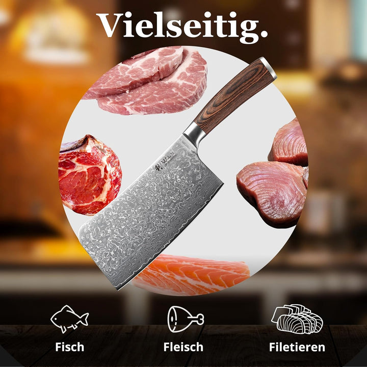 Wakoli EDIB Sakura Knochenhackmesser 18 cm Damast Hackbeil aus 67 Lagen & VG10 Kern, 60–62 HRC Schar