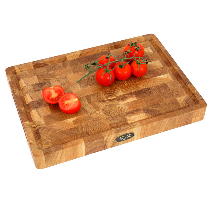 B4K® 35х25х4cm Küchenbrett aus Eiche Stirnholz | Antibakterielles Hirnholzbrett mit Griffen, Silikon