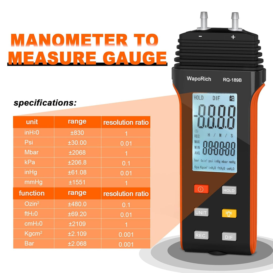 WapoRich Digitales Manometer ±30,00Psi Professionelles Barometer Differenzdruckmessgerät 11 wählbare