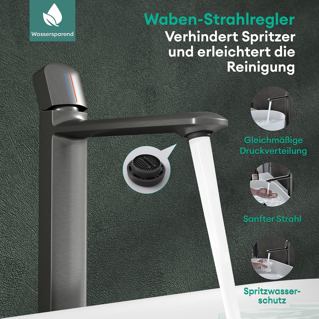 Mai &amp; Mai Wasserhahn Bad 31,3cm hoch, Waschtischarmatur Grau | Einhebelmischer Mischbatterie Bad Arm