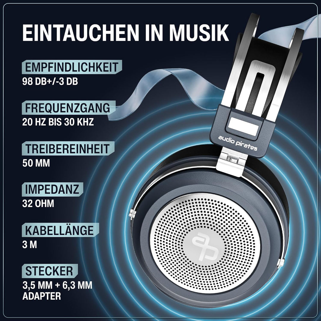 audio pirates Over-Ear HiFi Kopfhörer – Kopfhörer mit Case, HiFi-Klang, 3 m Kabel & 6,3 mm Adapter –