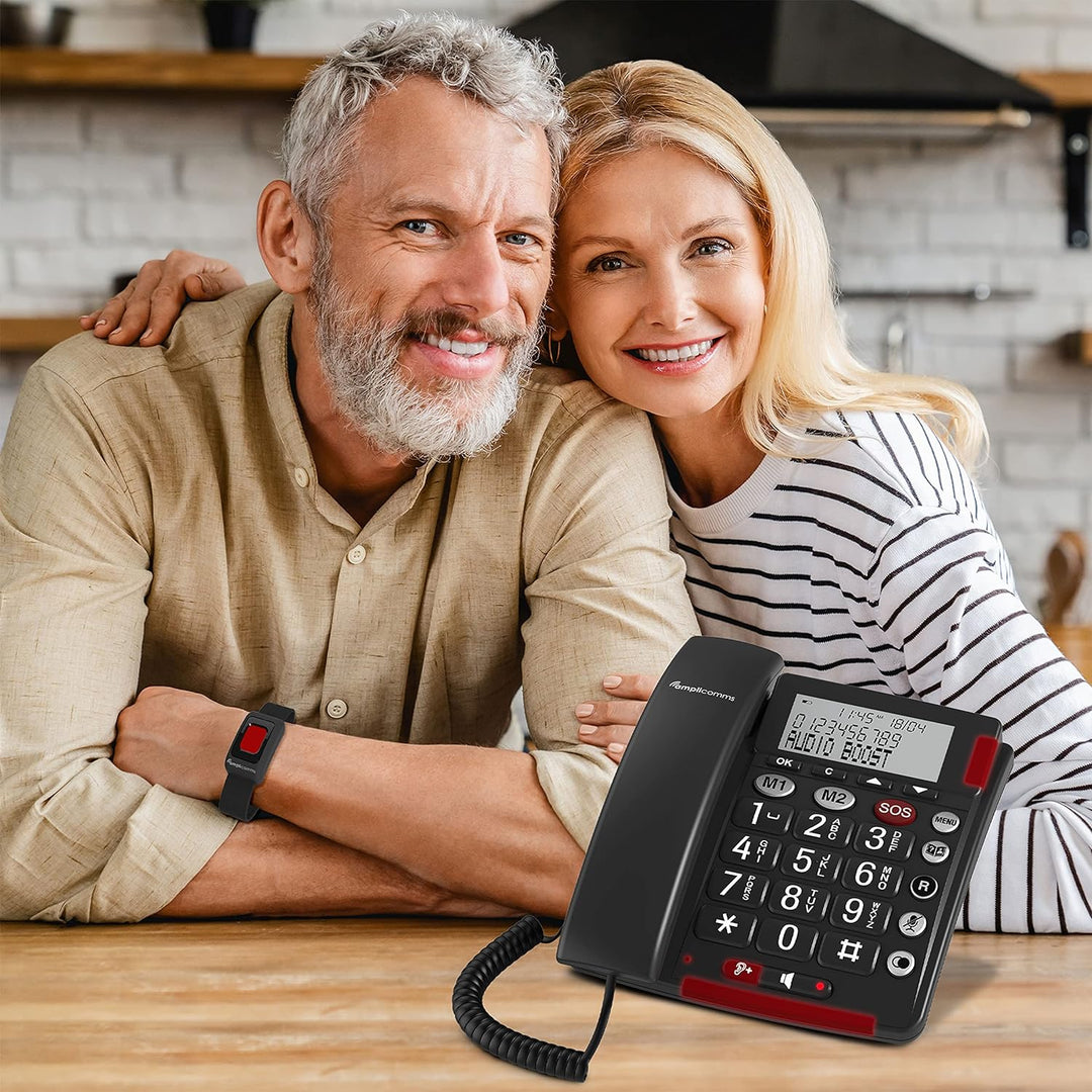 Amplicomms BigTel 50 Alarm Plus, schnurgebundenes Grosstasten-Telefon, mit SOS Taste und Notfallarmb