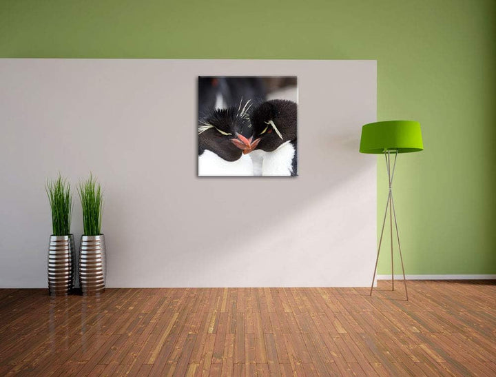 Pinguin Kuss, Format: 70x70 auf Leinwand, XXL riesige Bilder fertig gerahmt mit Keilrahmen, Kunstdru