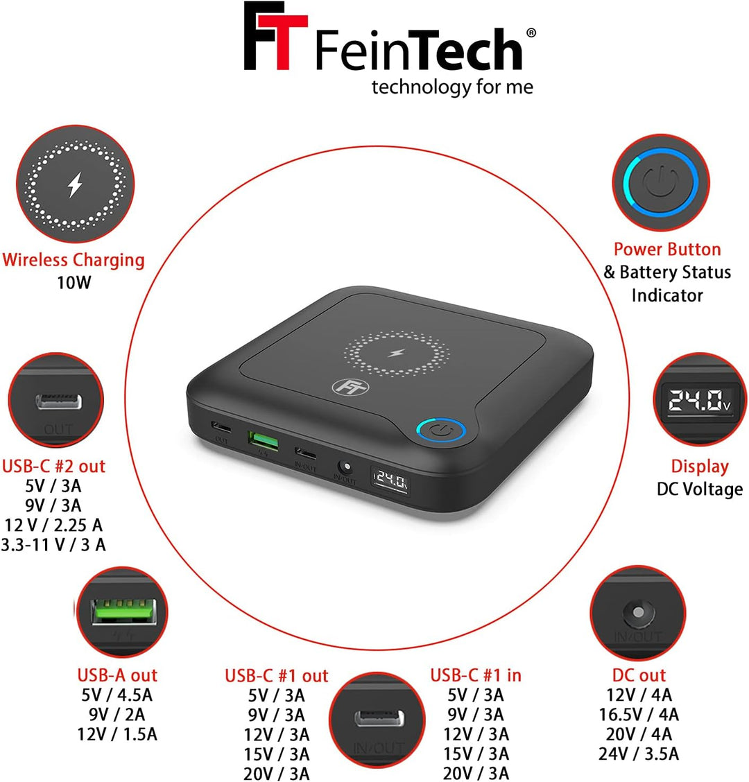FeinTech PLG02400 Laptop Powerbank 60W PD USB-C und DC Anschluss für Notebook, MacBook, iPad, Tablet