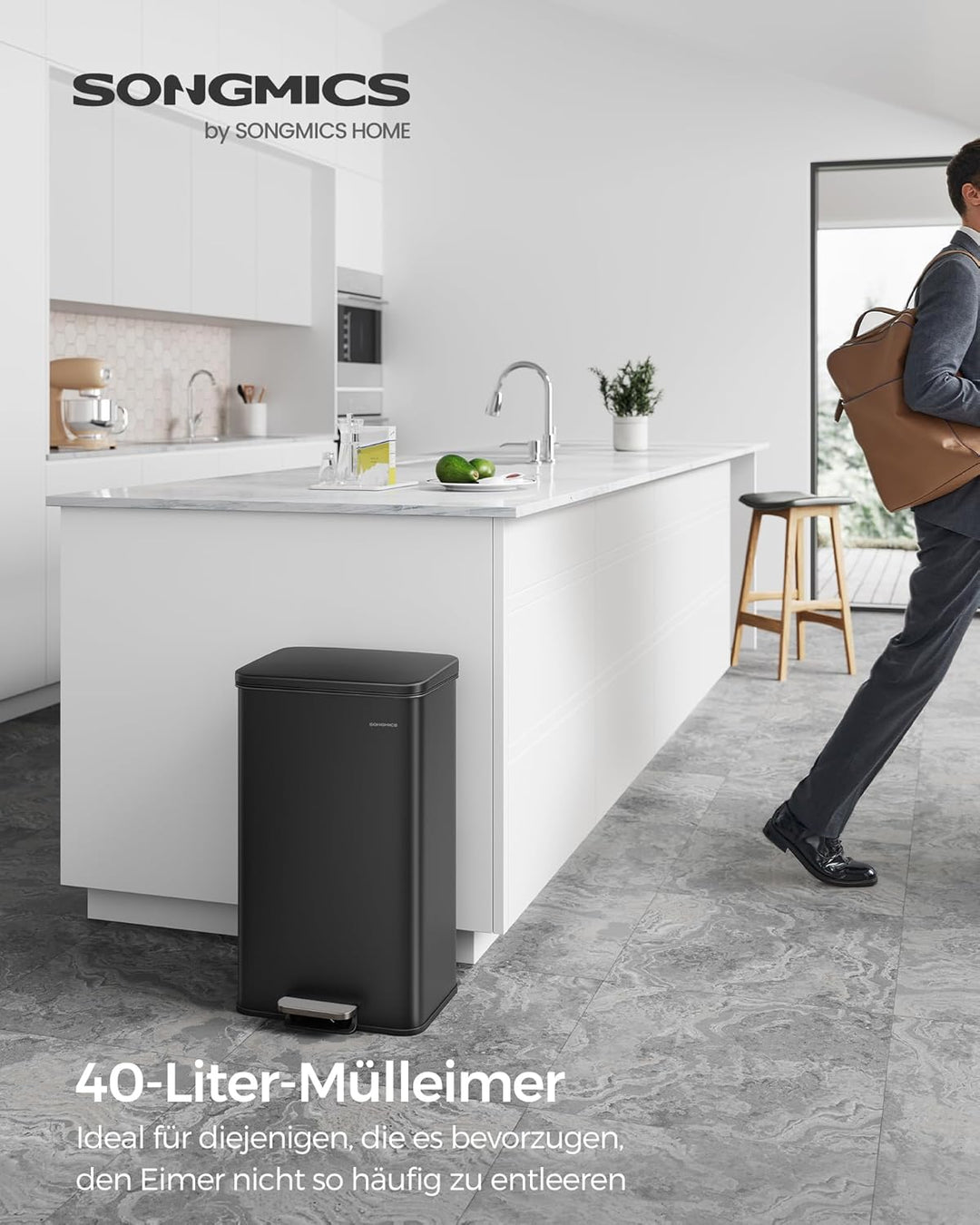 SONGMICS Mülleimer Küche, 40 Liter Abfalleimer, grosser Tretmülleimer, mit Deckel, aus Stahl, Softcl
