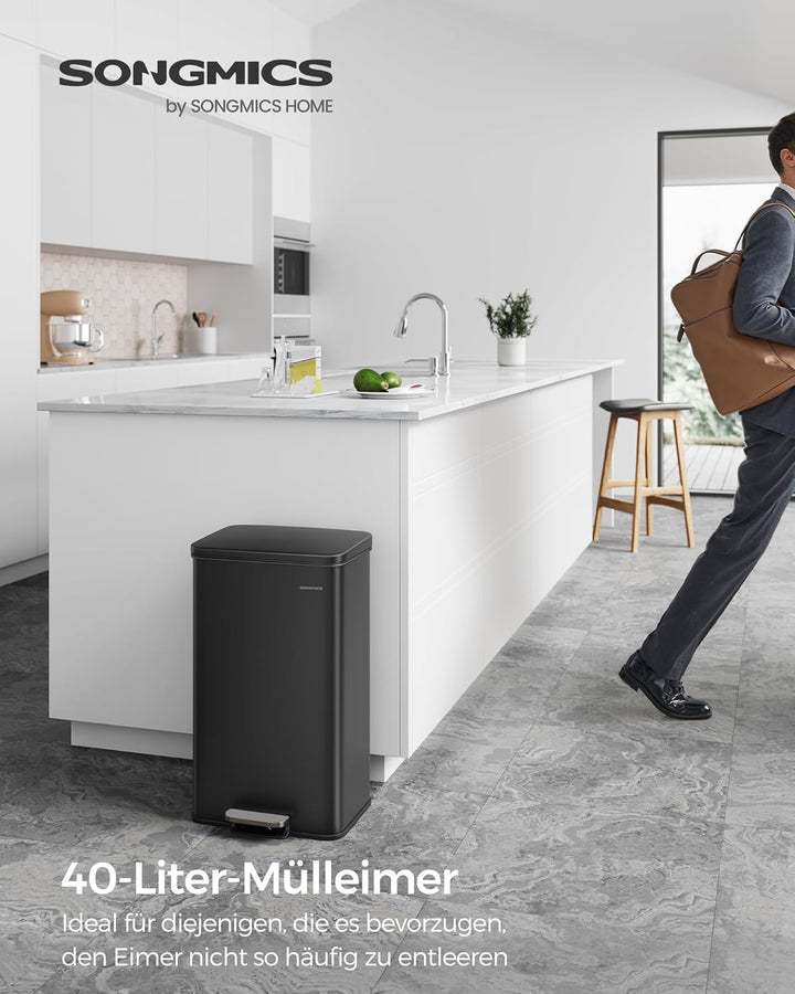 SONGMICS Mülleimer Küche, 40 Liter Abfalleimer, grosser Tretmülleimer, mit Deckel, aus Stahl, Softcl