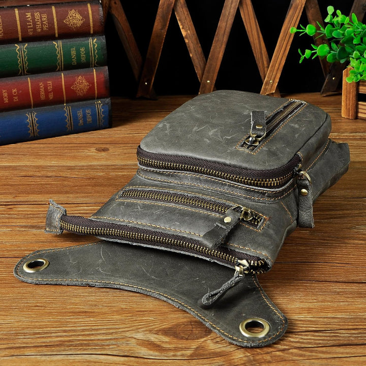 Le'aokuu Herren Leder Motorrad Hüfttasche Messenger Schulter Drop Leg Bag 211-11 2 Grau, 211-11 2 Gr