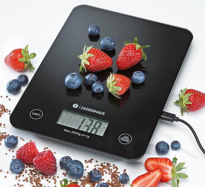 Zassenhaus Küchenwaage Digital BALANCE, USB Aufladefunktion, 5kg/1g, Zuwiegefunktion, besonders flac
