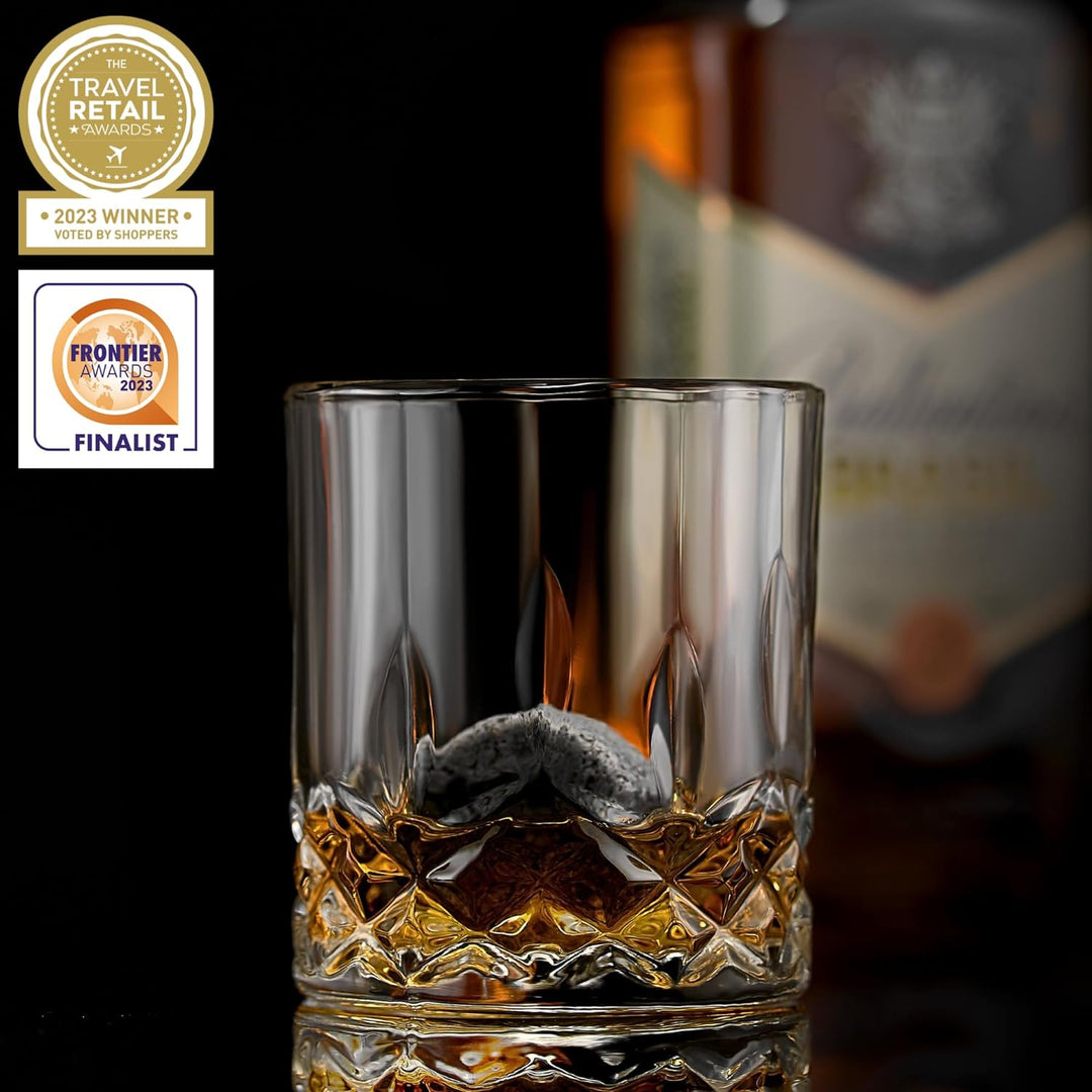 Whiskey Steine Set - 6 Handgefertigte Runde Granit Whisky Steine - 2 Kristall Whisky Gläser - Präsen