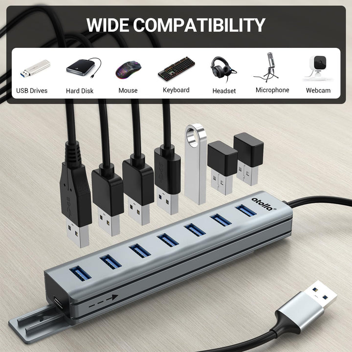 8-Port USB 3.0 Hub mit Aluminium Tischmontage Design, USB Verteiler Adapter mit 100cm Lange Kabel, 5