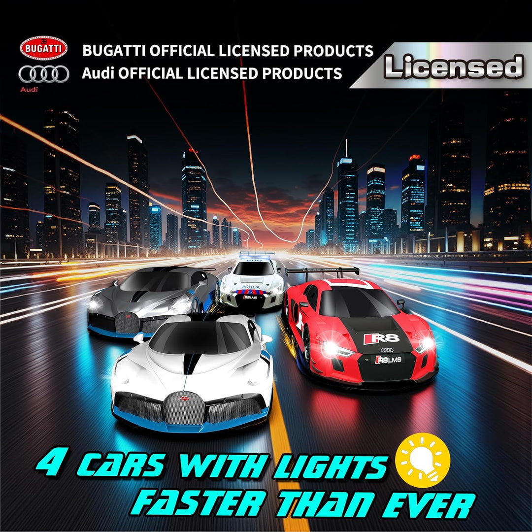 Slot Car Racing Set mit LED-Rundenanzeige, Hochgeschwindigkeit, Tankstopp, Sprachfeedback, 4 lizenzi