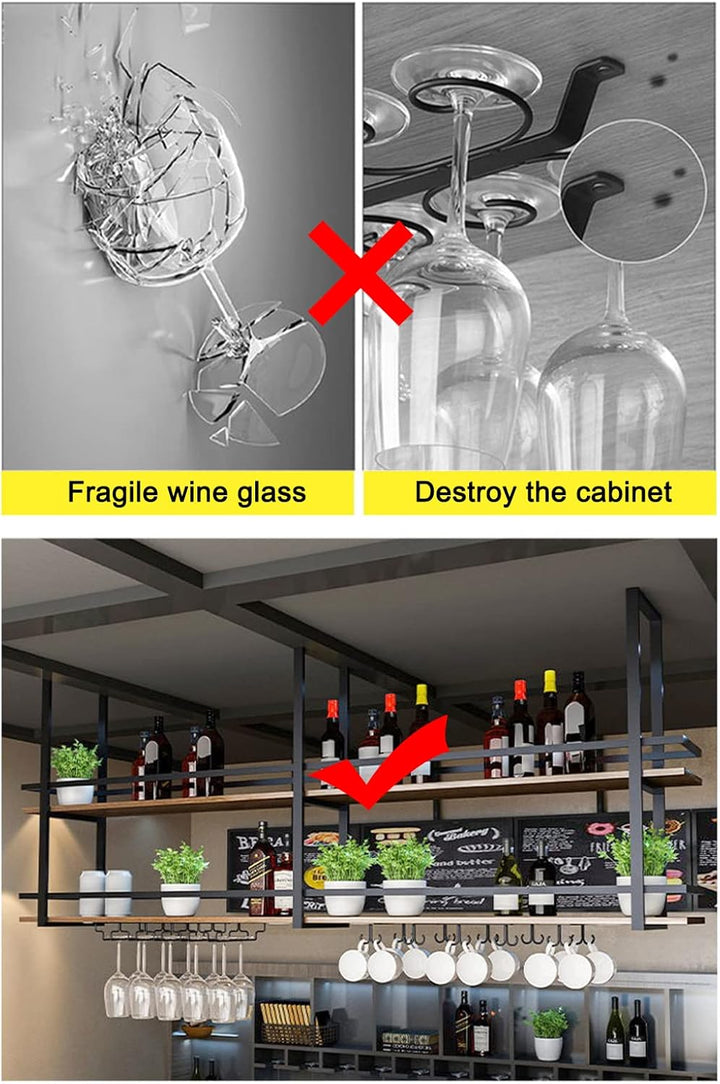 KEPMOGOH Deckenregal Weinregal mit Glashalter, Schwebendes Hängeregal 2-Lagiger Industrieller Hängen
