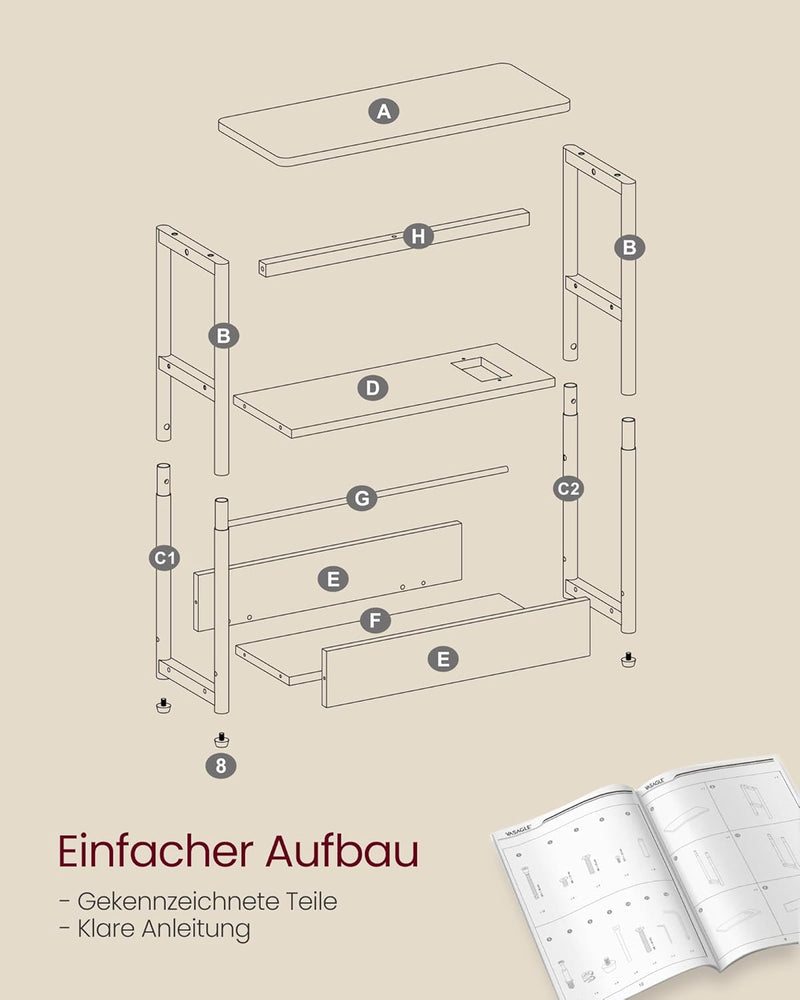 VASAGLE Beistelltisch schmal, Nachttisch mit Ladefunktion, Couchtisch klein, 3 Ablagen, Zeitschrifte