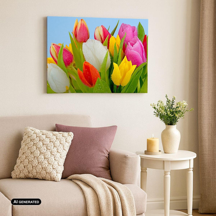 Bilder auf Leinwand Tulpen Blumenstrauss Blumen Tau Leinwandbild 70x50cm Wandbilder Dekoration Wohnz