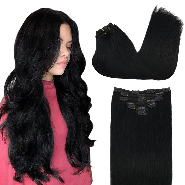 GOO GOO Clip in Extensions Echthaar, Echthaar Extensions Clip, 20cm 50g 7pcs, Clip In Haarverlängeru