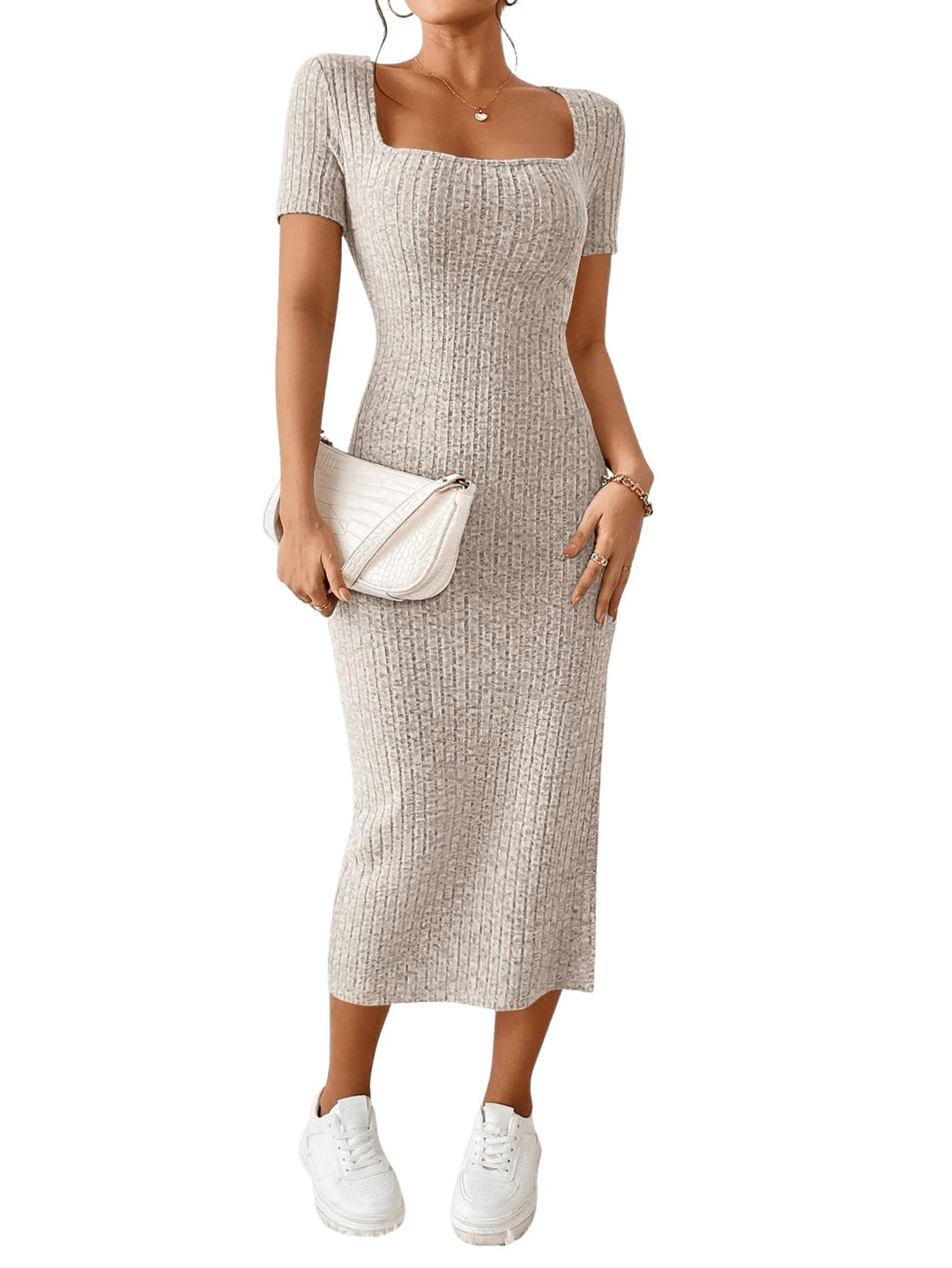 GORGLITTER Kleid Mit Schlitz Damen Sommer Lang Figurbetontes Kleid Elegant Rippenstrick Kleid Kurzar