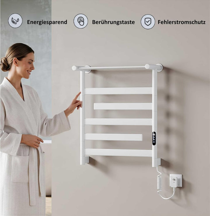 Handtuchheizkörper Elektrisch 66 x 55cm, 180° Drehung Handtuchwärmer Elektrisch mit Heiz-Ablage, WiF