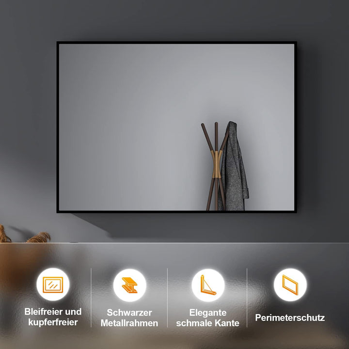 Wandspiegel, Schwarz 50x70 cm Spiegel Rechteckiger gross Edelstahl Kosmetikspiegel und Splitterschut