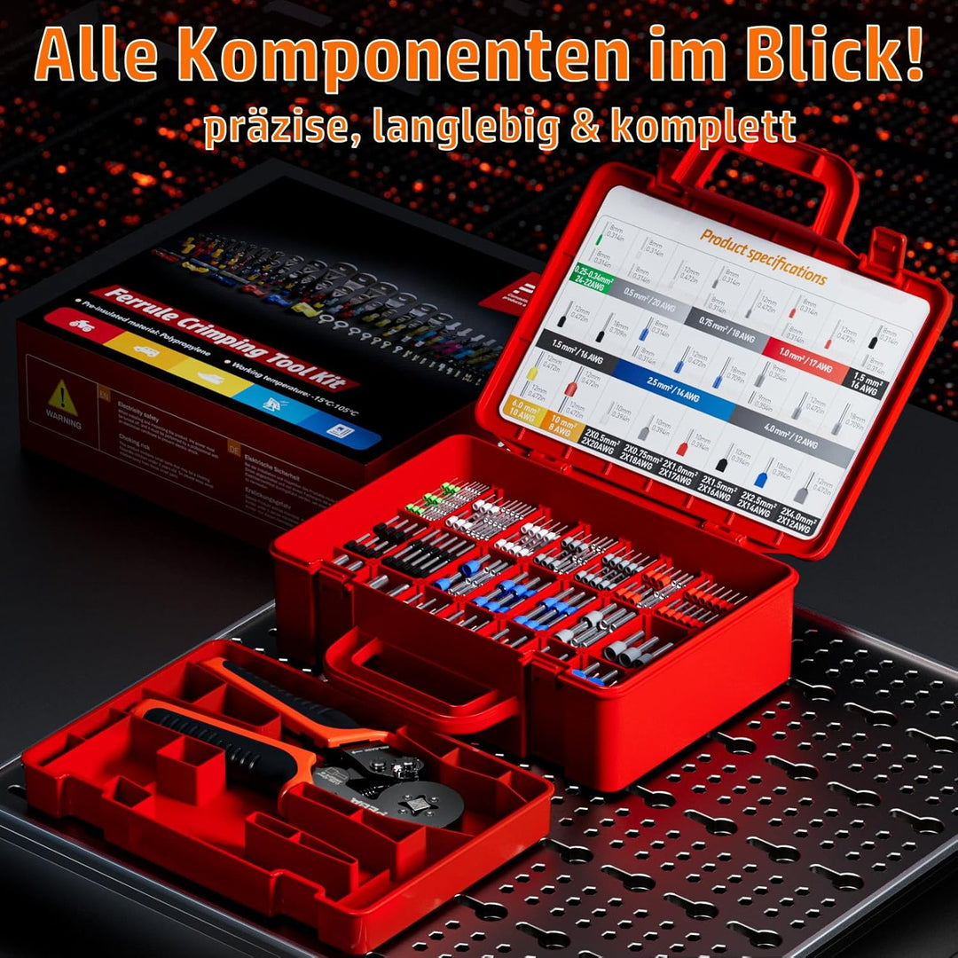 PEBA Vierkant Crimpzange Set mit 33 Grössen Aderendhülsen 0,25–10 mm² inkl. Twin Hülsen, selbstjusti