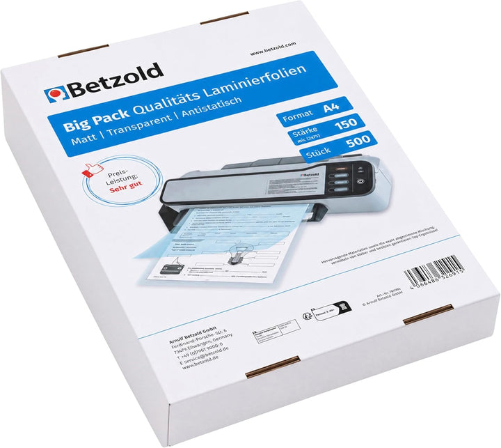 Betzold - Laminier-Folien A4 500 Stück Big-Pack 150 mic glänzend - Laminieren Kunststoff, Kunststoff