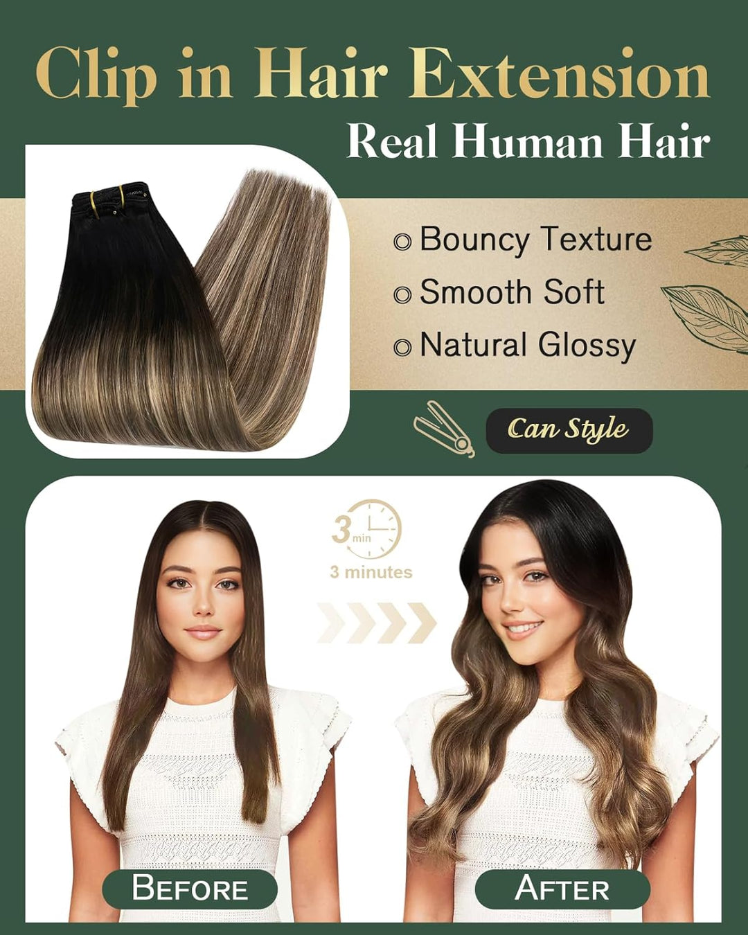 Ugeat Clip in Extensions Echtes Haar Haarverlängerungen 35cm 120g Clip in Schwarz bis Braun und Kara
