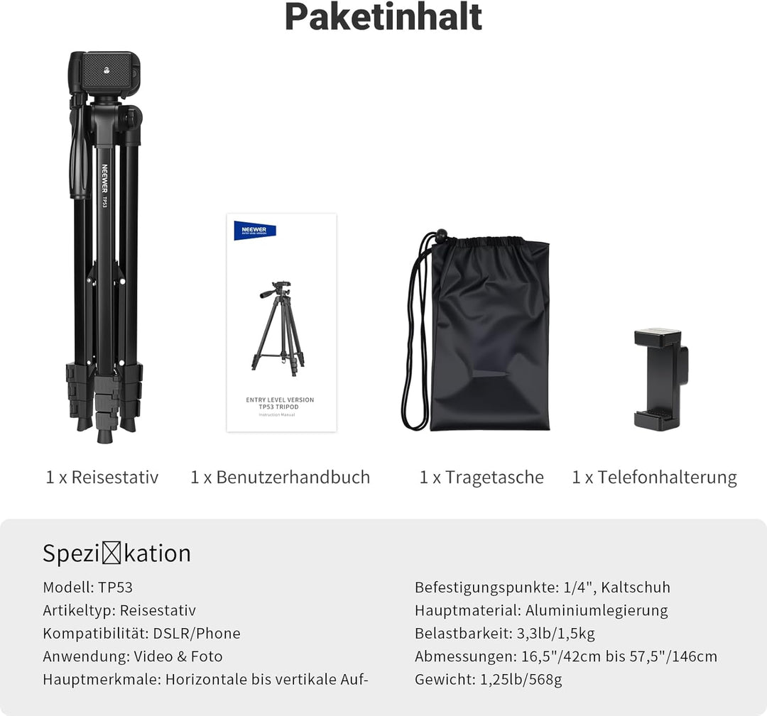 NEEWER Entry Level Version Stativ für Handy & Kamera, Metall Leichtes Tragbares Reisestativ mit Cold