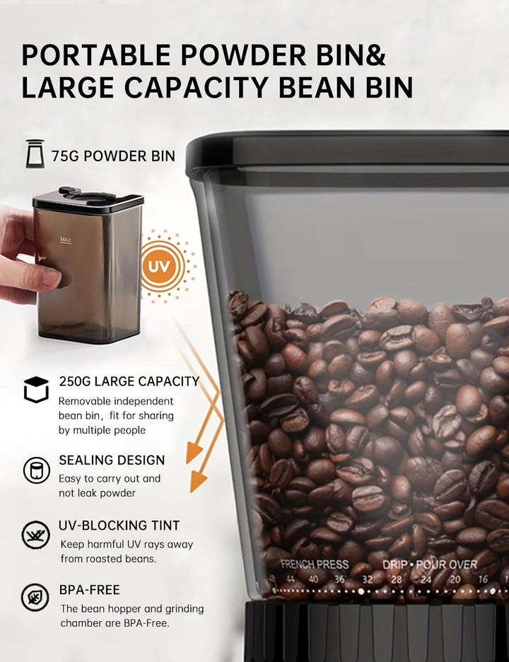 CAFELFFE Elektrische Kaffeemühle für Siebträger und Behälter, 48 einstellbare Mahlstufen mit Antista