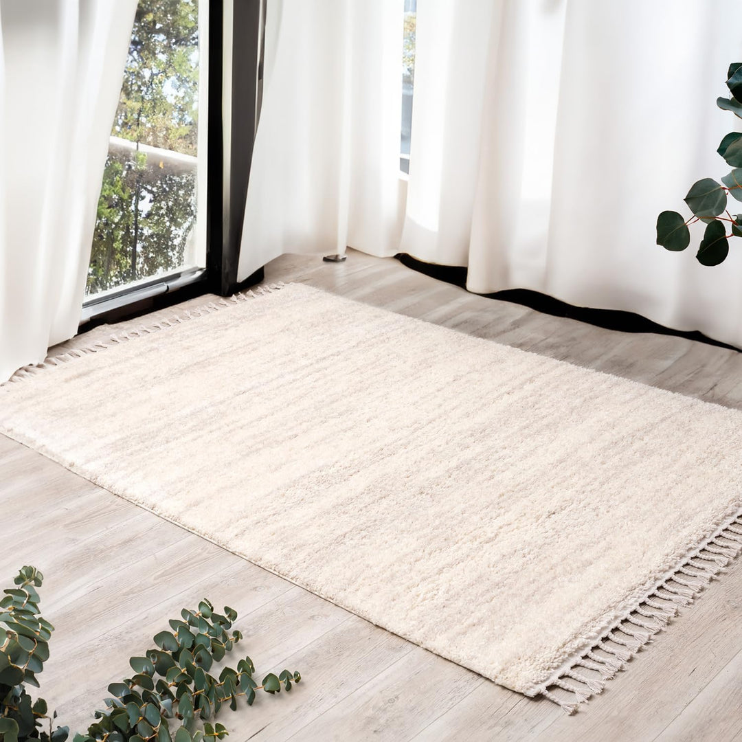 payé Hochflor-Teppich Wohnzimmer Cream - 120x160cm - Meliert mit Fransen - Weiche Schlafzimmer-Teppi