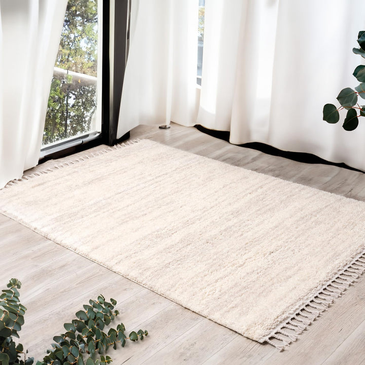 payé Hochflor-Teppich Wohnzimmer Cream - 120x160cm - Meliert mit Fransen - Weiche Schlafzimmer-Teppi