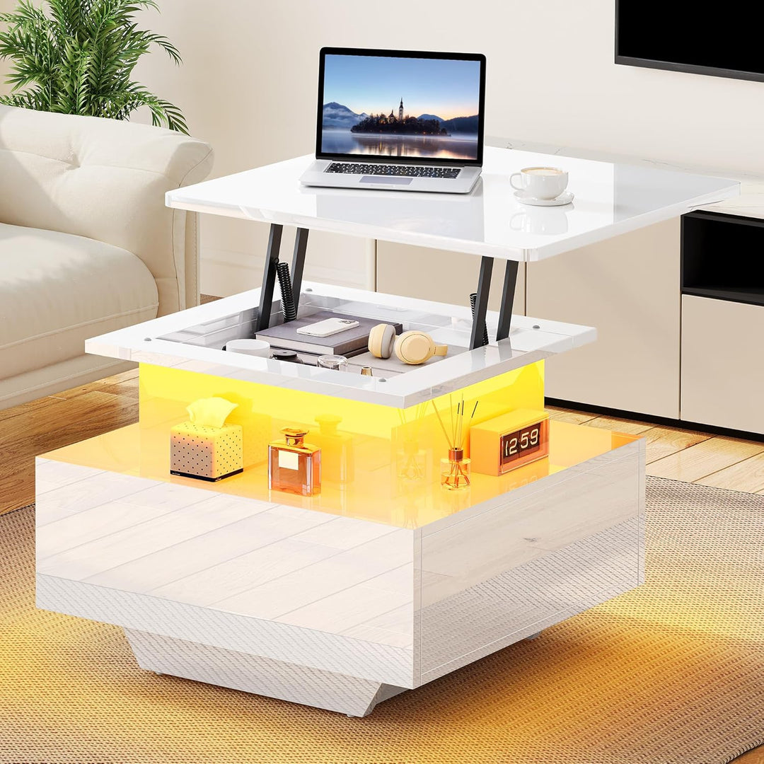 YITAHOME Couchtisch Höhenverstellbar mit LED Beleuchtung Modern, 60x60x45cm, Wohnzimmertisch Hochgla