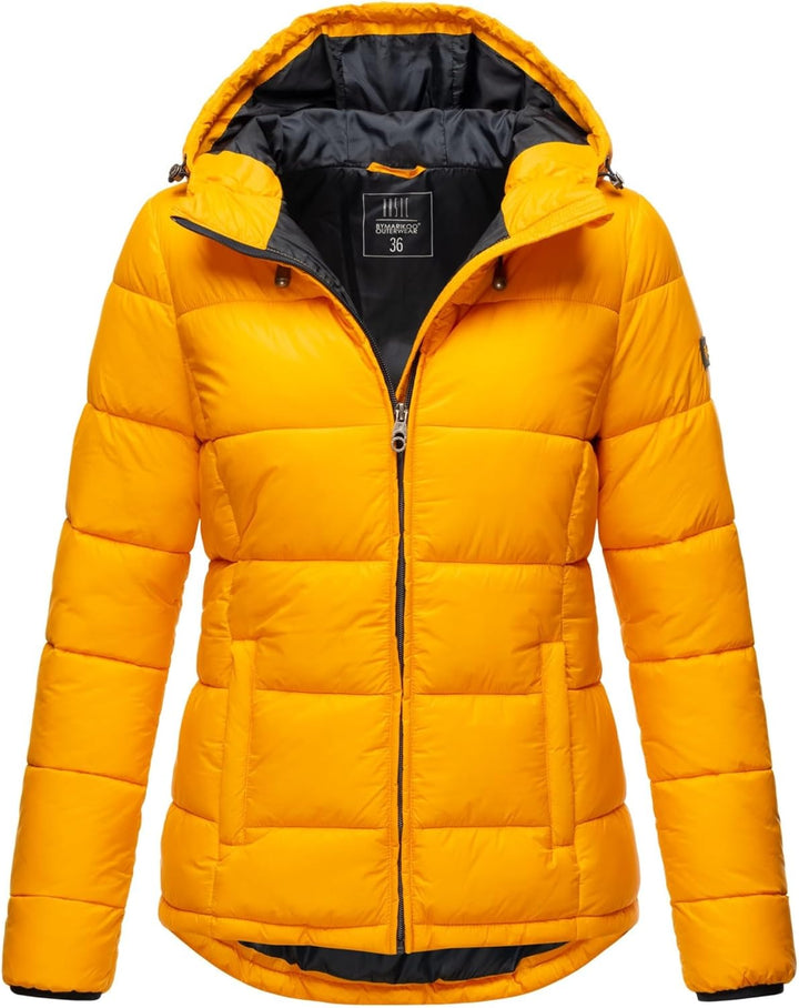MARIKOO Damen Steppjacke gesteppte Winterjacke mit Kapuze B927 34 Gelb, 34 Gelb